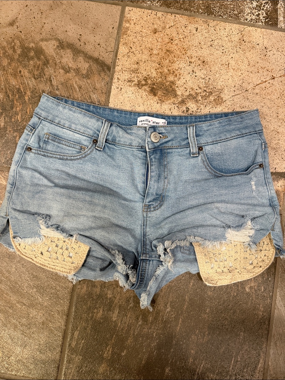 Vanilla Star Light Blue Denim Shorts with Cream Crochet Insets